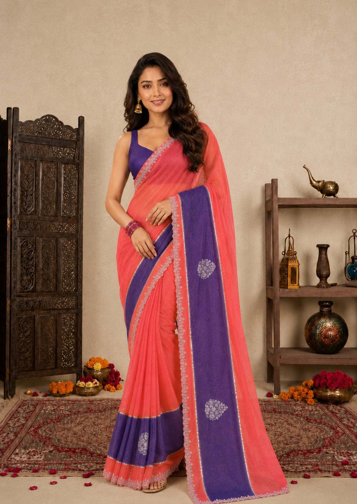Peach Pink Satin Festive Saree with Indigo Blue Border and Zarkan Work