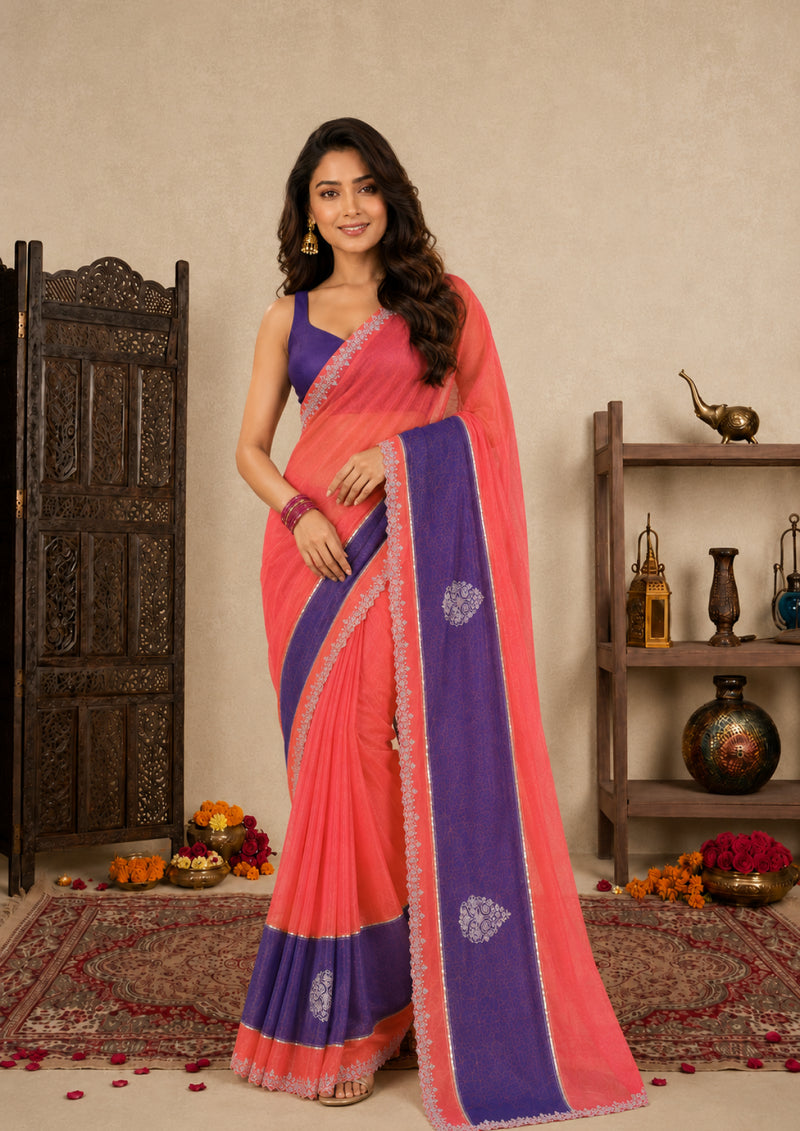 Peach Pink Satin Festive Saree with Indigo Blue Border and Zarkan Work