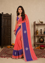 Peach Pink Satin Festive Saree with Indigo Blue Border and Zarkan Work
