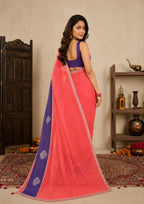 Peach Pink Satin Festive Saree with Indigo Blue Border and Zarkan Work