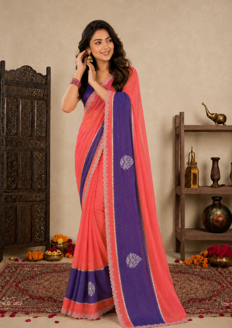 Peach Pink Satin Festive Saree with Indigo Blue Border and Zarkan Work