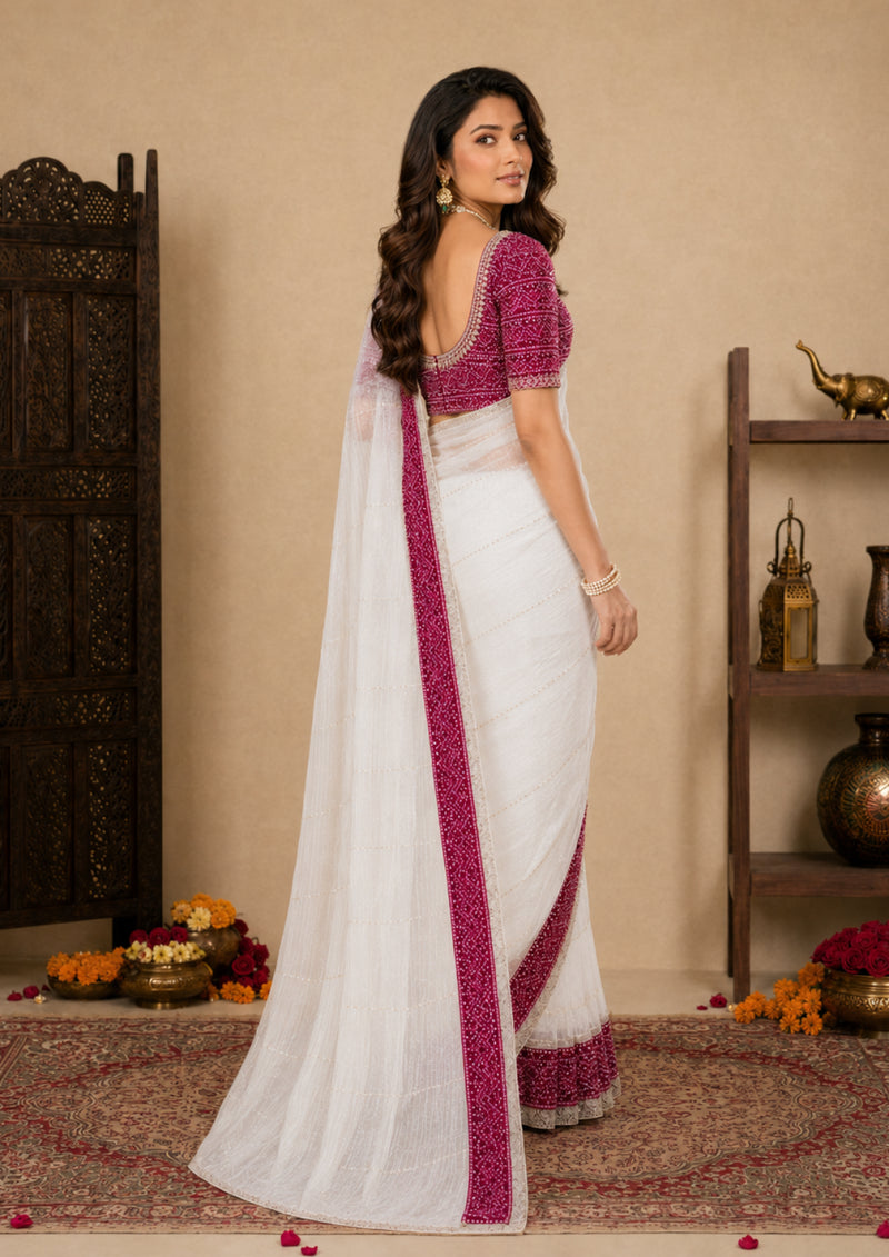 White Tissue Festive Saree with Magenta Bandhani Border and Cut Dana Work