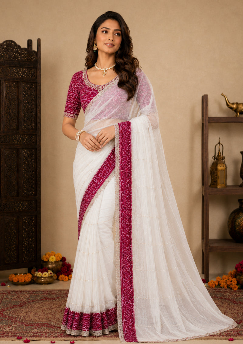 White Tissue Festive Saree with Magenta Bandhani Border and Cut Dana Work