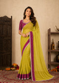 Olive Green Tissue Festive Saree with Magenta Bandhani Border and Cut Dana Work