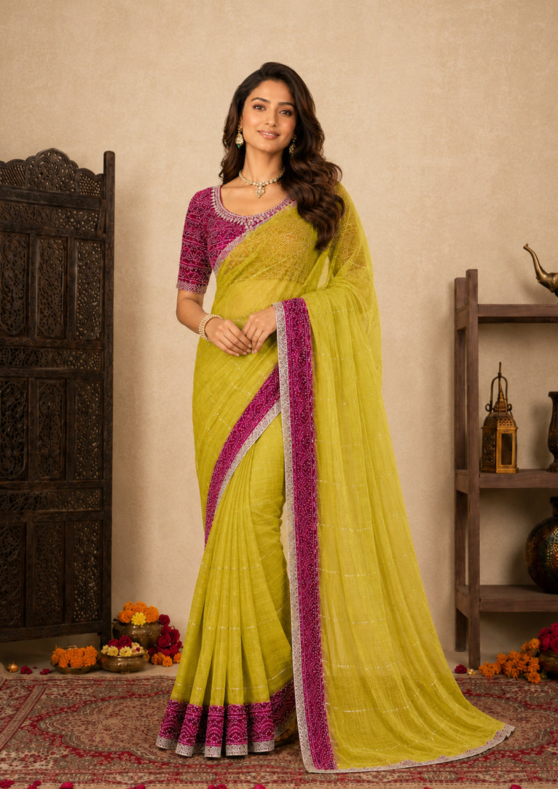 Olive Green Tissue Festive Saree with Magenta Bandhani Border and Cut Dana Work