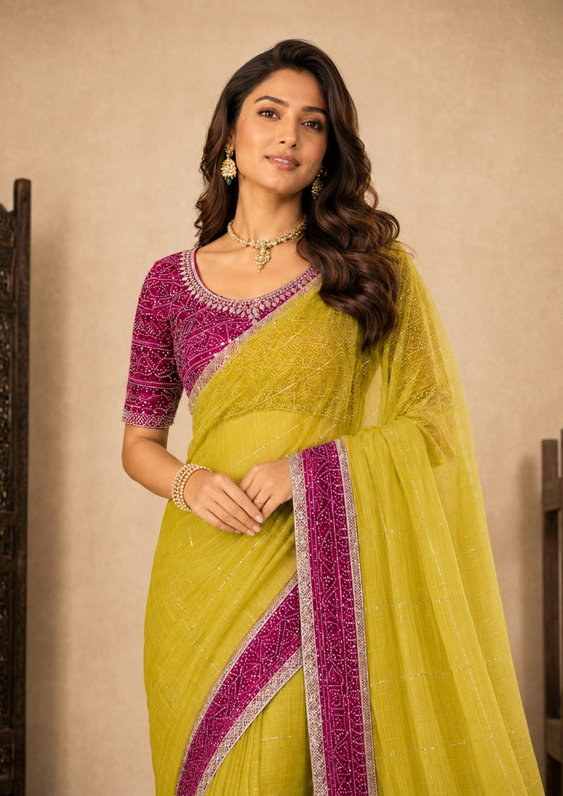 Olive Green Tissue Festive Saree with Magenta Bandhani Border and Cut Dana Work