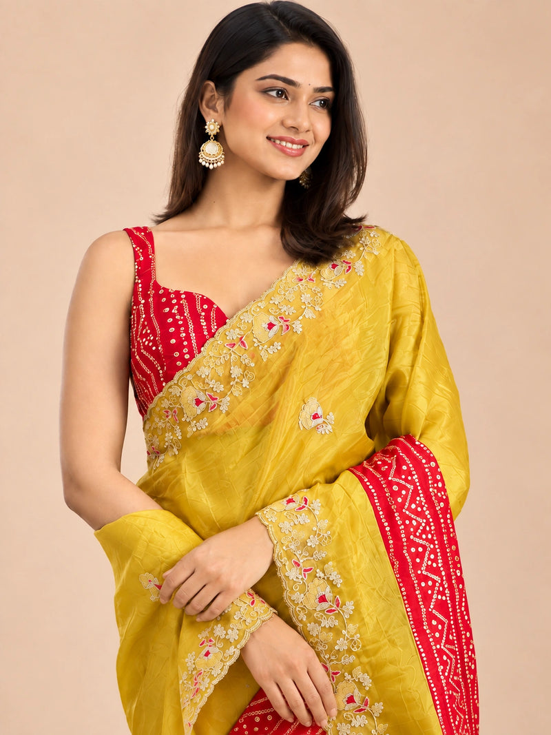 Yellow bandhani saree - front portrait showing red blouse
