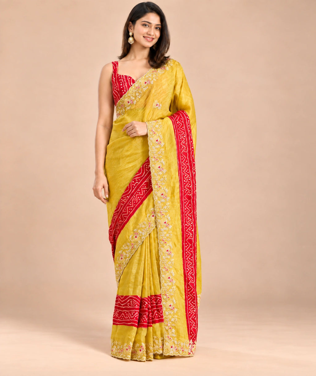 Yellow bandhani tissue silk saree - full front standing pose
