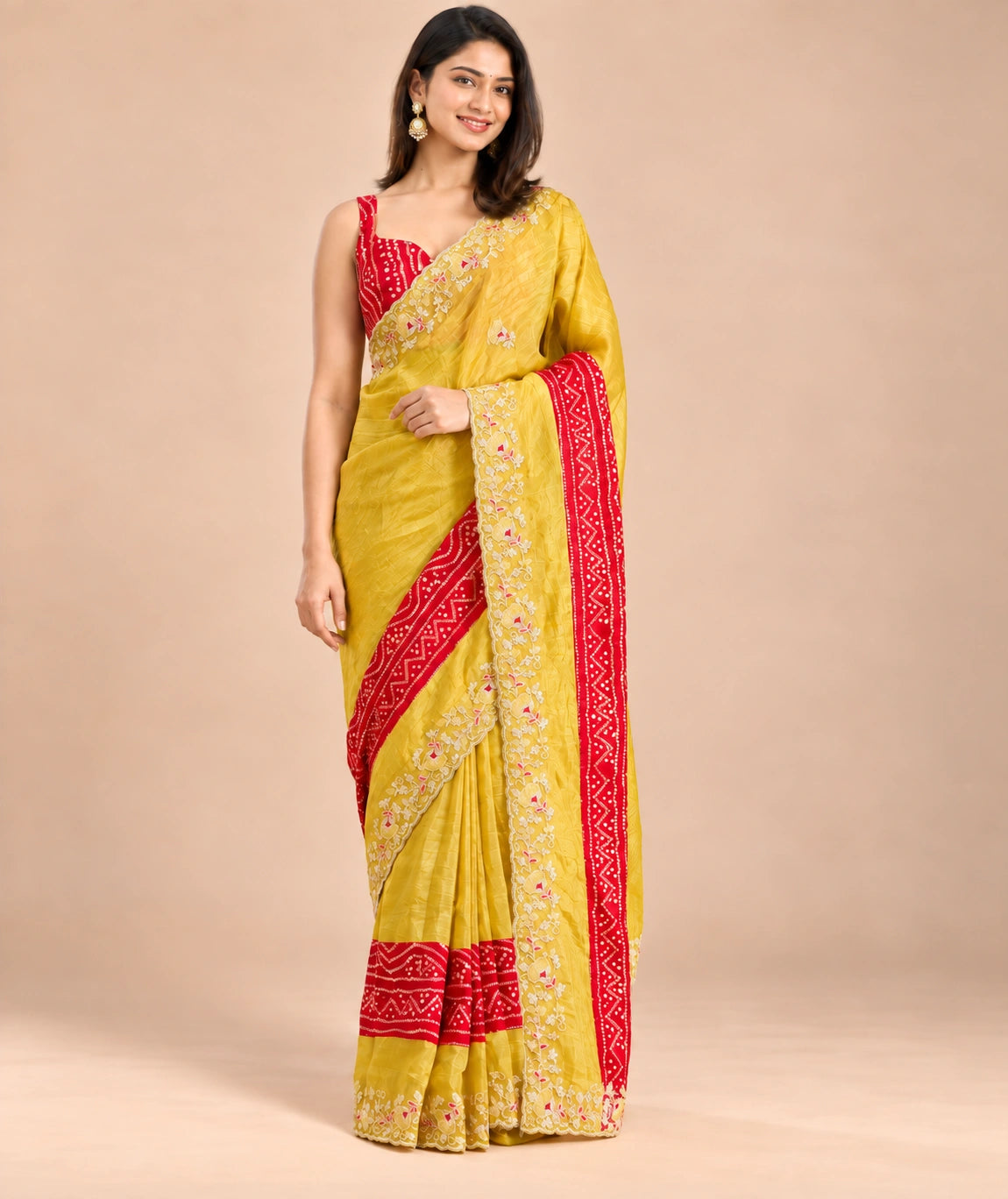 Yellow bandhani tissue silk saree - full front standing pose