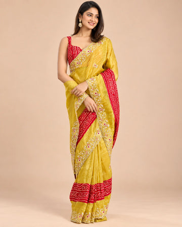 Yellow bandhani tissue silk saree - second full front standing pose