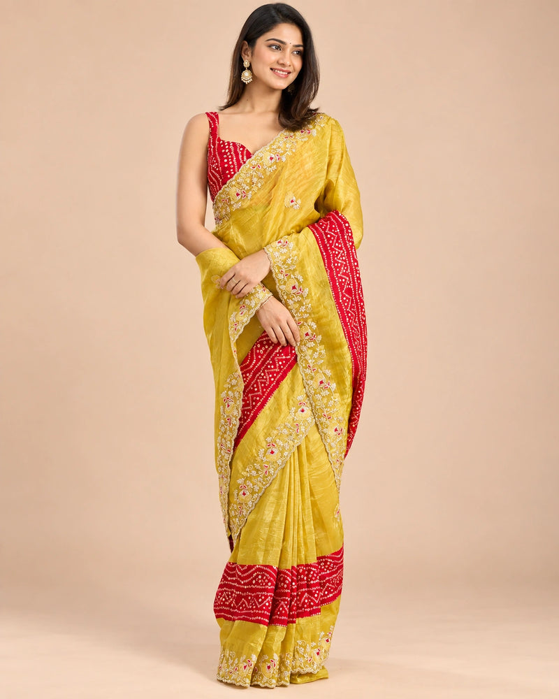 Yellow bandhani tissue silk saree - second full front standing pose