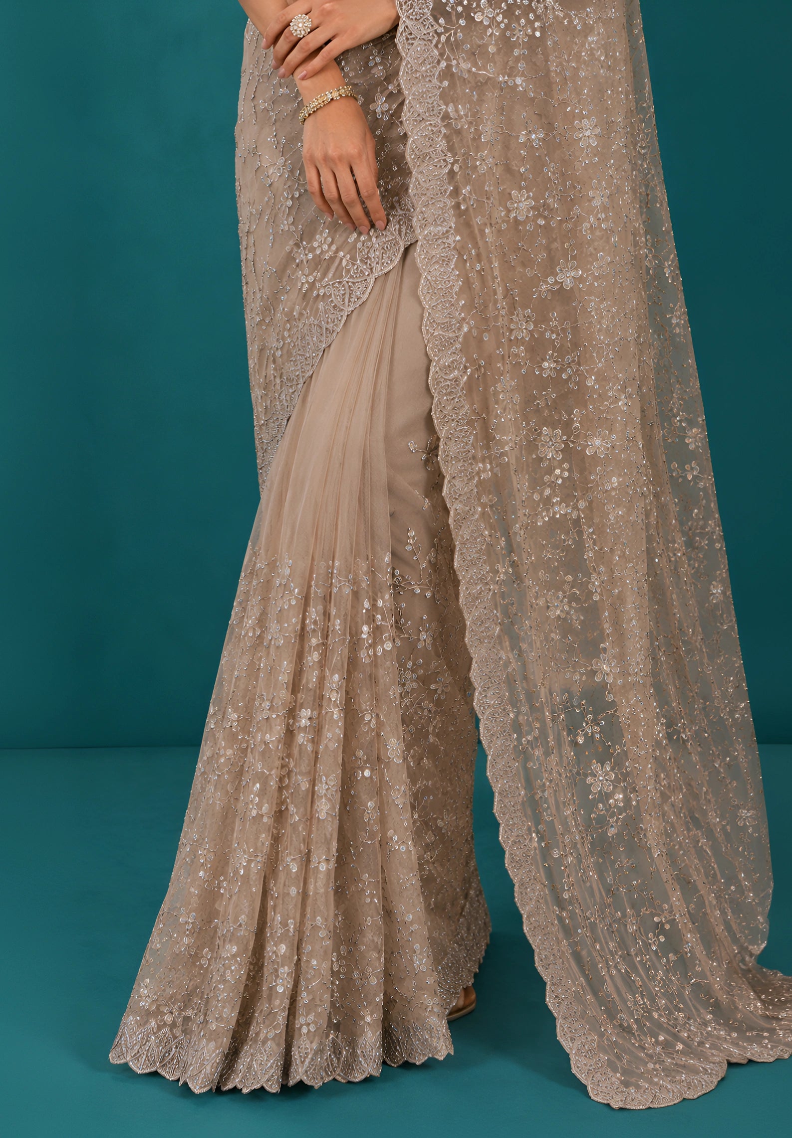 Taupe Grey Net Saree with Resham Embroidery and Zarkan Work