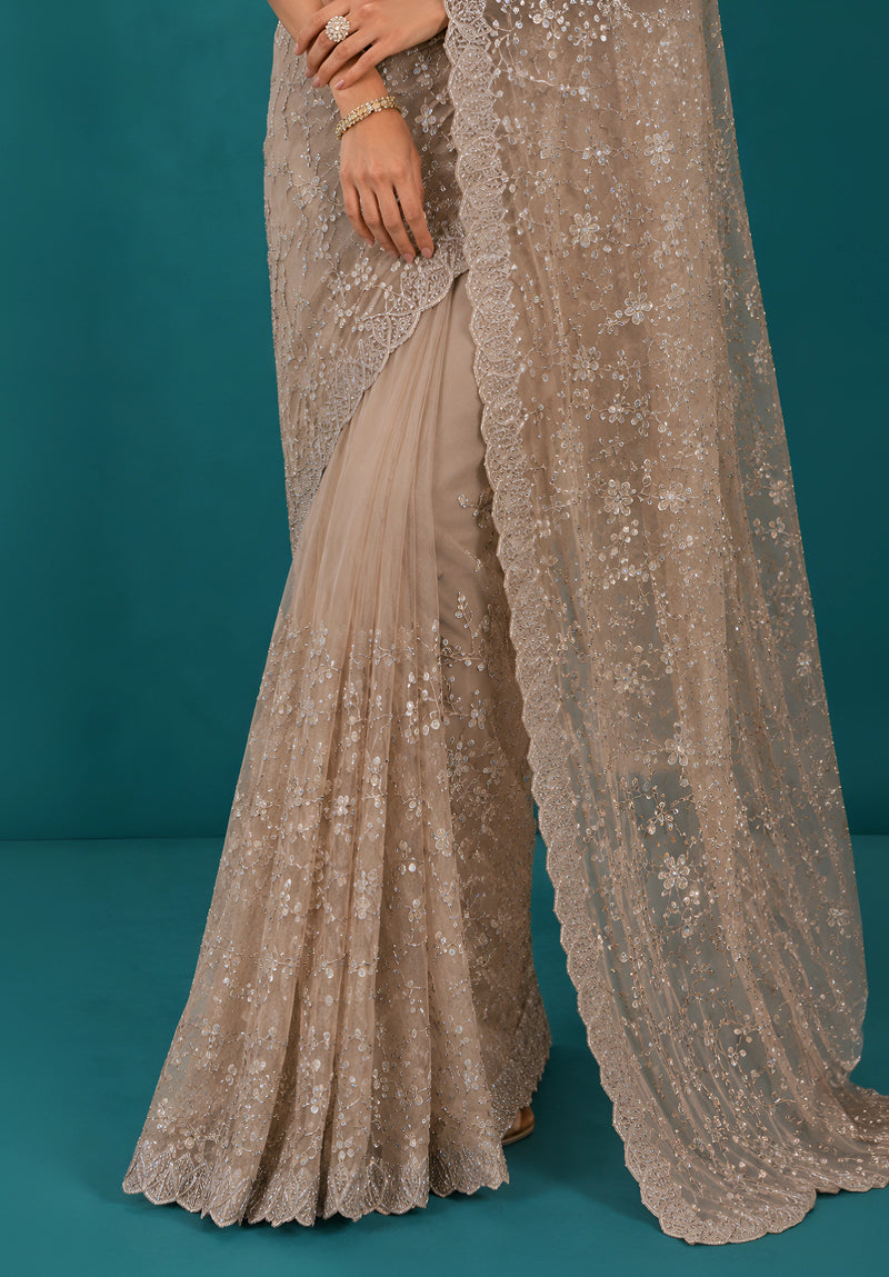 Taupe Grey Net Saree with Resham Embroidery and Zarkan Work