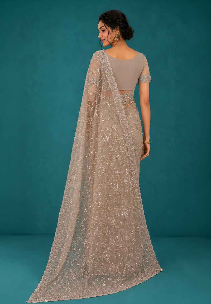Taupe Grey Net Saree with Resham Embroidery and Zarkan Work