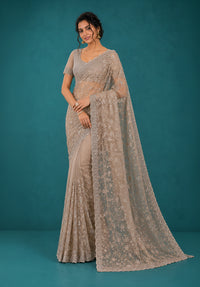 Taupe Grey Net Saree with Resham Embroidery and Zarkan Work