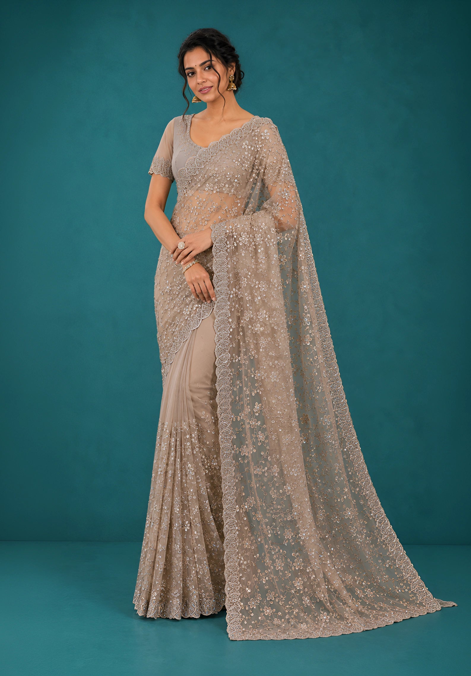 Taupe Grey Net Saree with Resham Embroidery and Zarkan Work