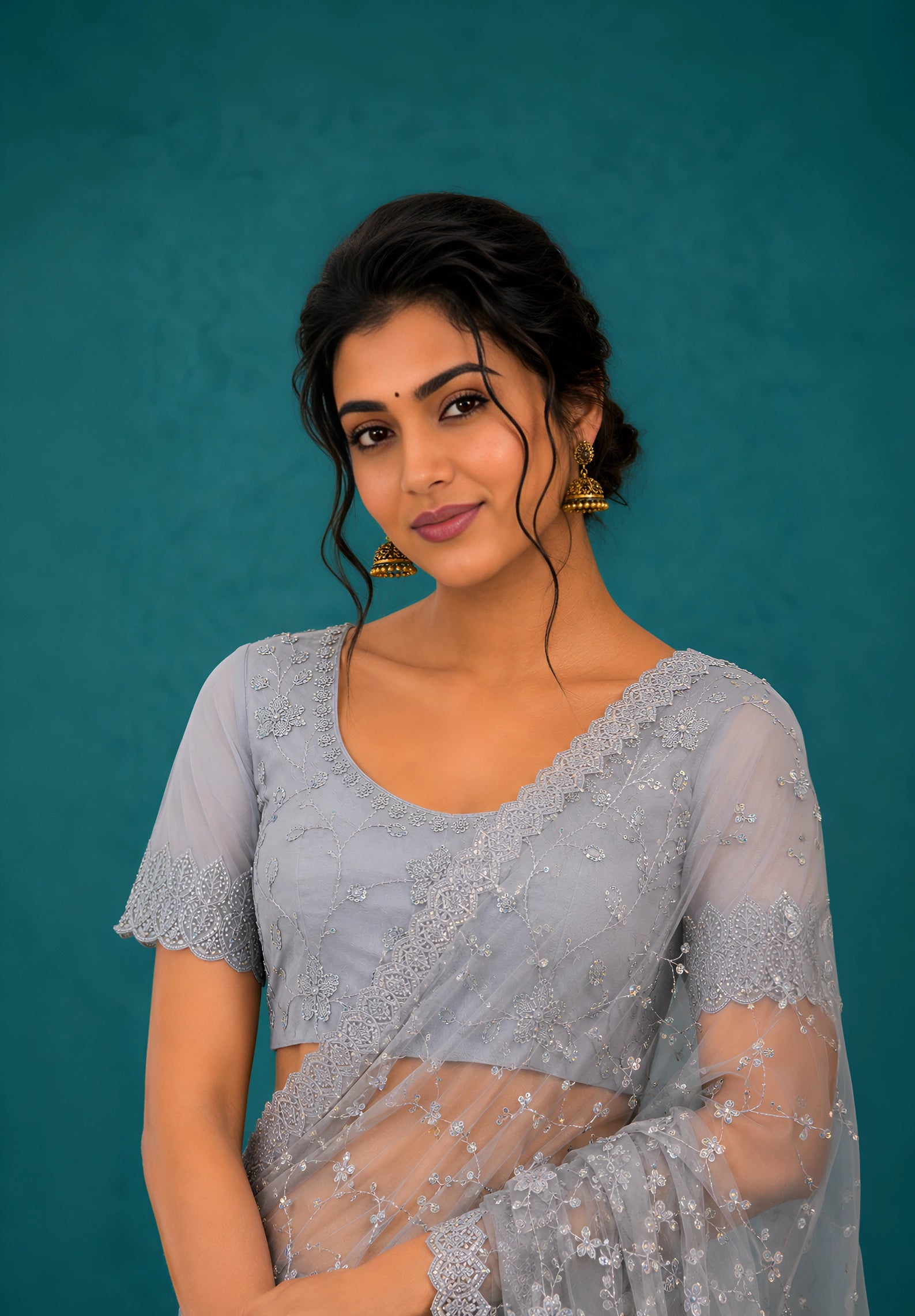 Powder Blue Net Saree with Resham Embroidery and Zarkan Work