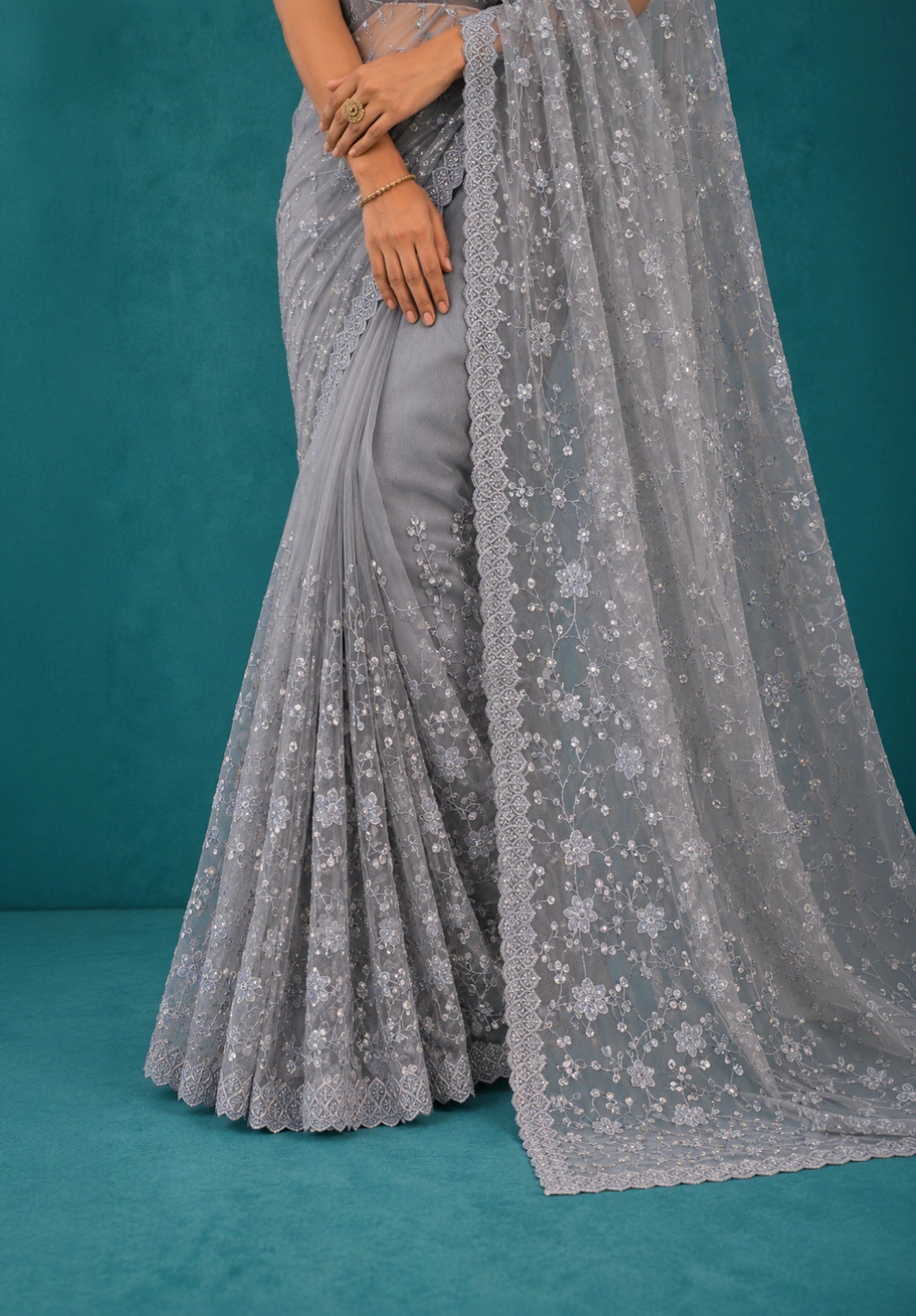 Powder Blue Net Saree with Resham Embroidery and Zarkan Work