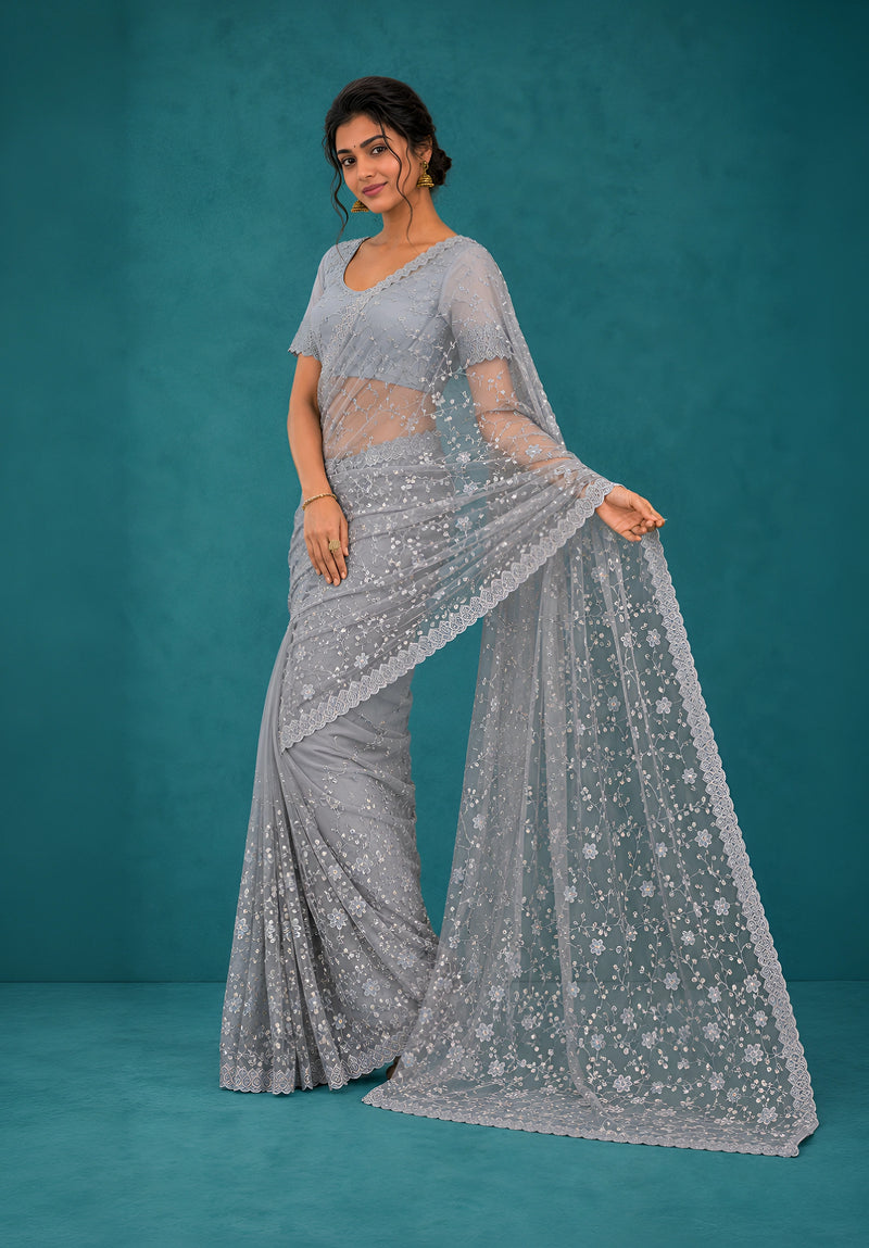 Powder Blue Net Saree with Resham Embroidery and Zarkan Work