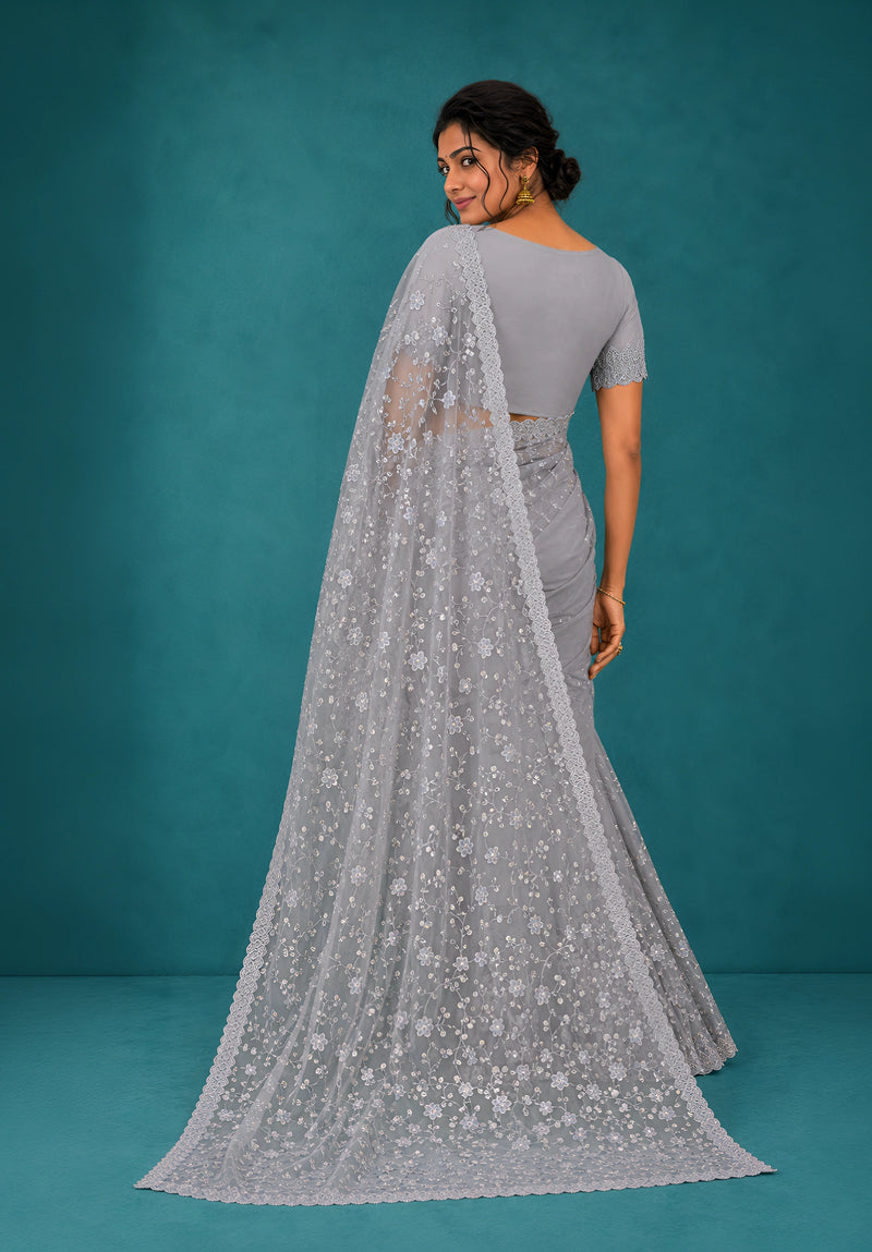 Powder Blue Net Saree with Resham Embroidery and Zarkan Work