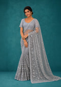 Powder Blue Net Saree with Resham Embroidery and Zarkan Work