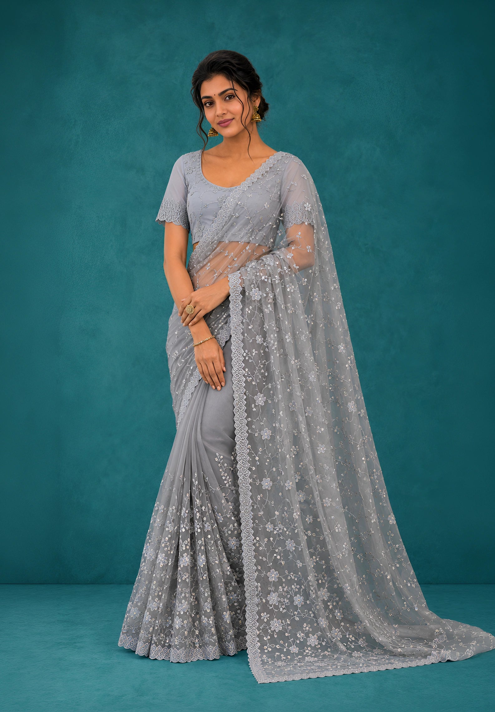Powder Blue Net Saree with Resham Embroidery and Zarkan Work