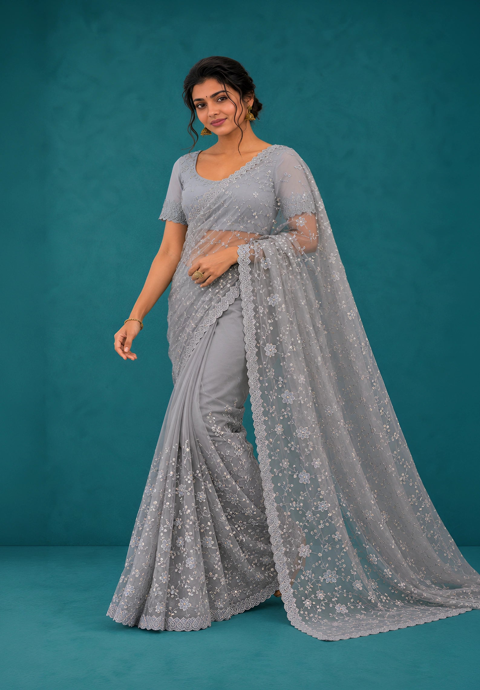 Powder Blue Net Saree with Resham Embroidery and Zarkan Work