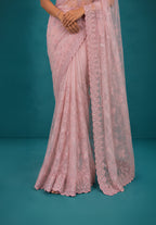Onion Pink Net Saree with Resham Embroidery and Zarkan Work