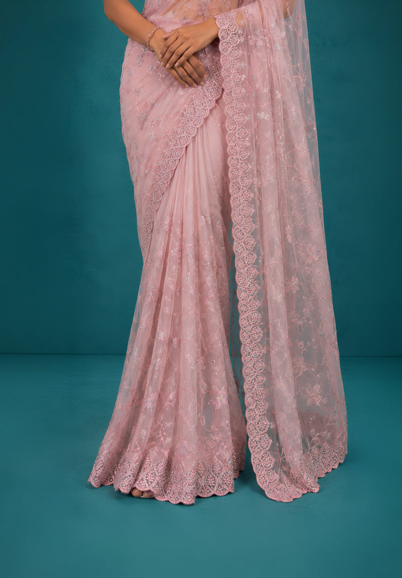 Onion Pink Net Saree with Resham Embroidery and Zarkan Work