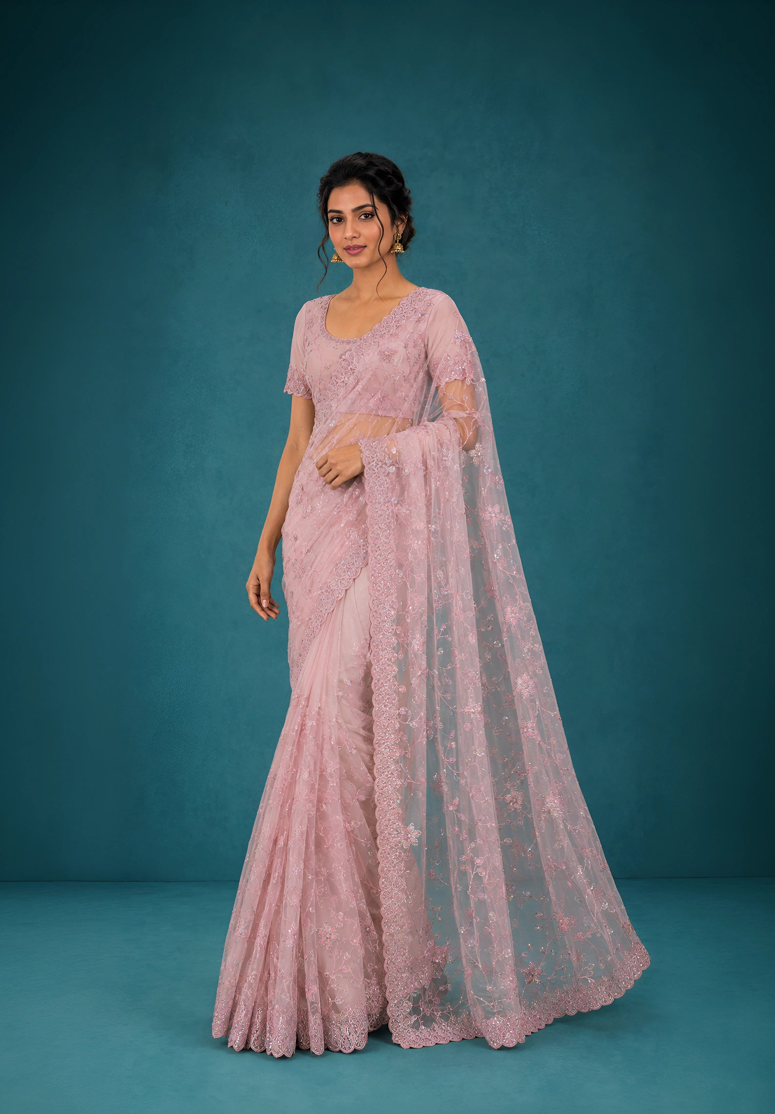 Onion Pink Net Saree with Resham Embroidery and Zarkan Work