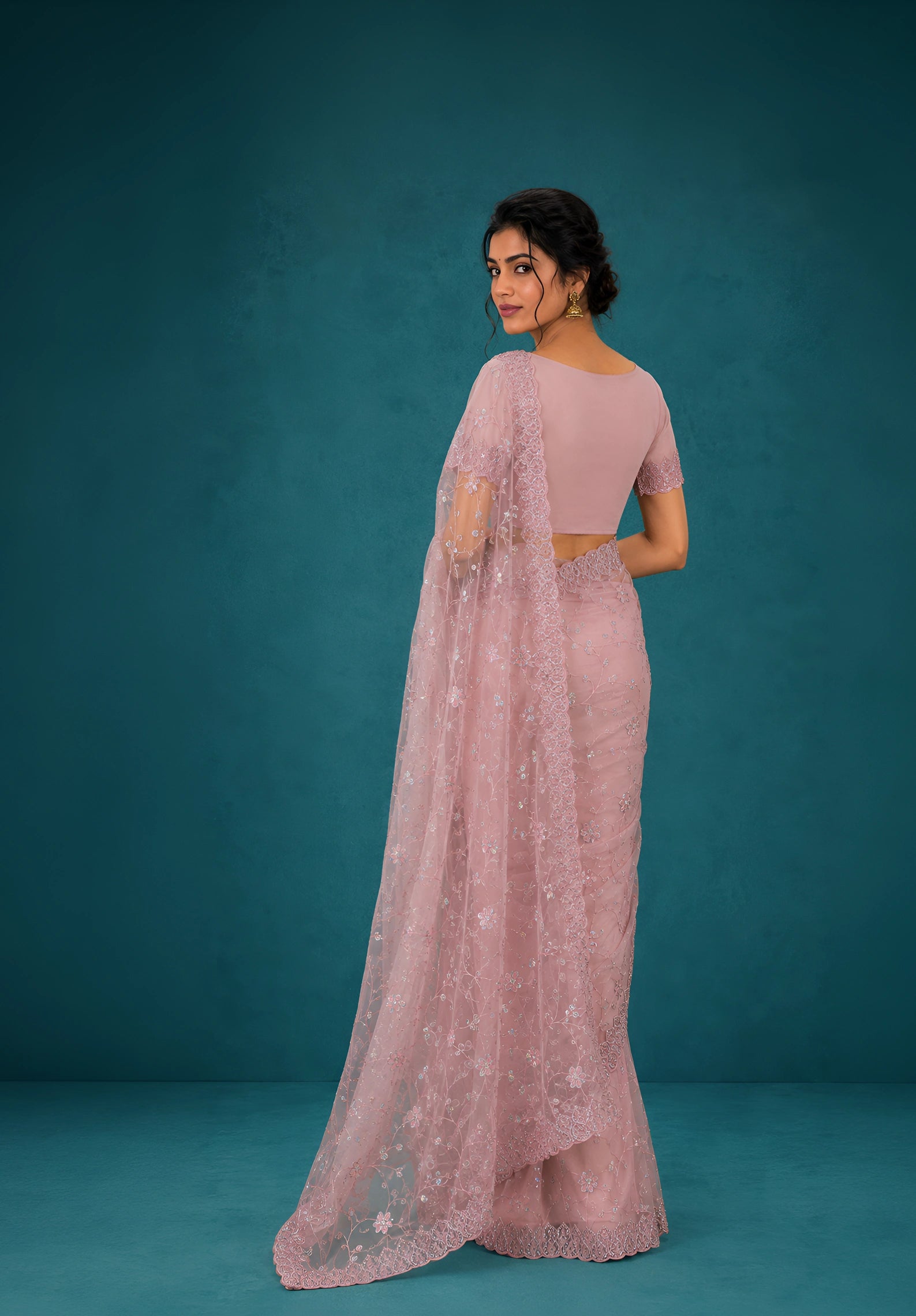 Onion Pink Net Saree with Resham Embroidery and Zarkan Work