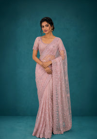 Onion Pink Net Saree with Resham Embroidery and Zarkan Work