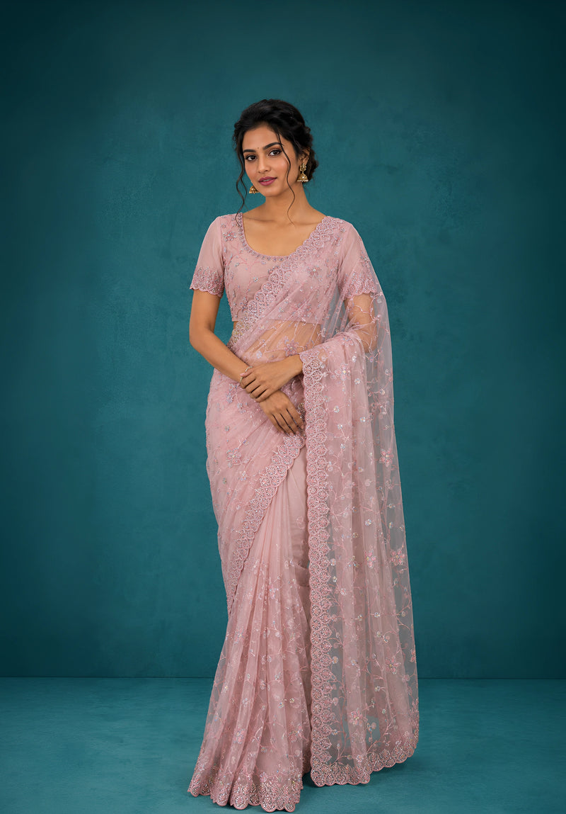 Onion Pink Net Saree with Resham Embroidery and Zarkan Work