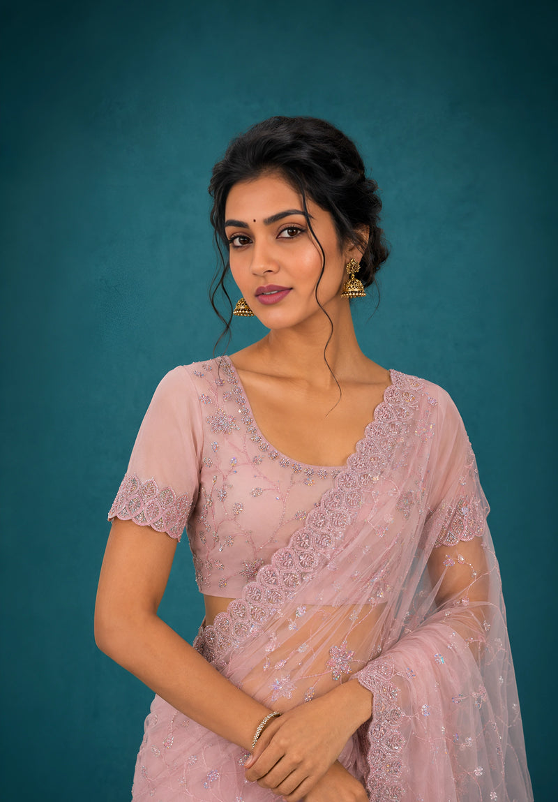 Onion Pink Net Saree with Resham Embroidery and Zarkan Work