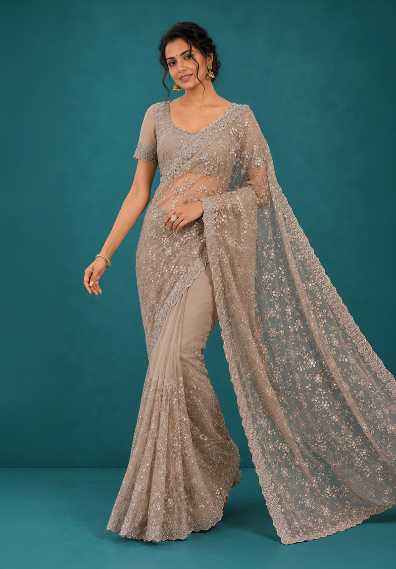Taupe Grey Net Saree with Resham Embroidery and Zarkan Work
