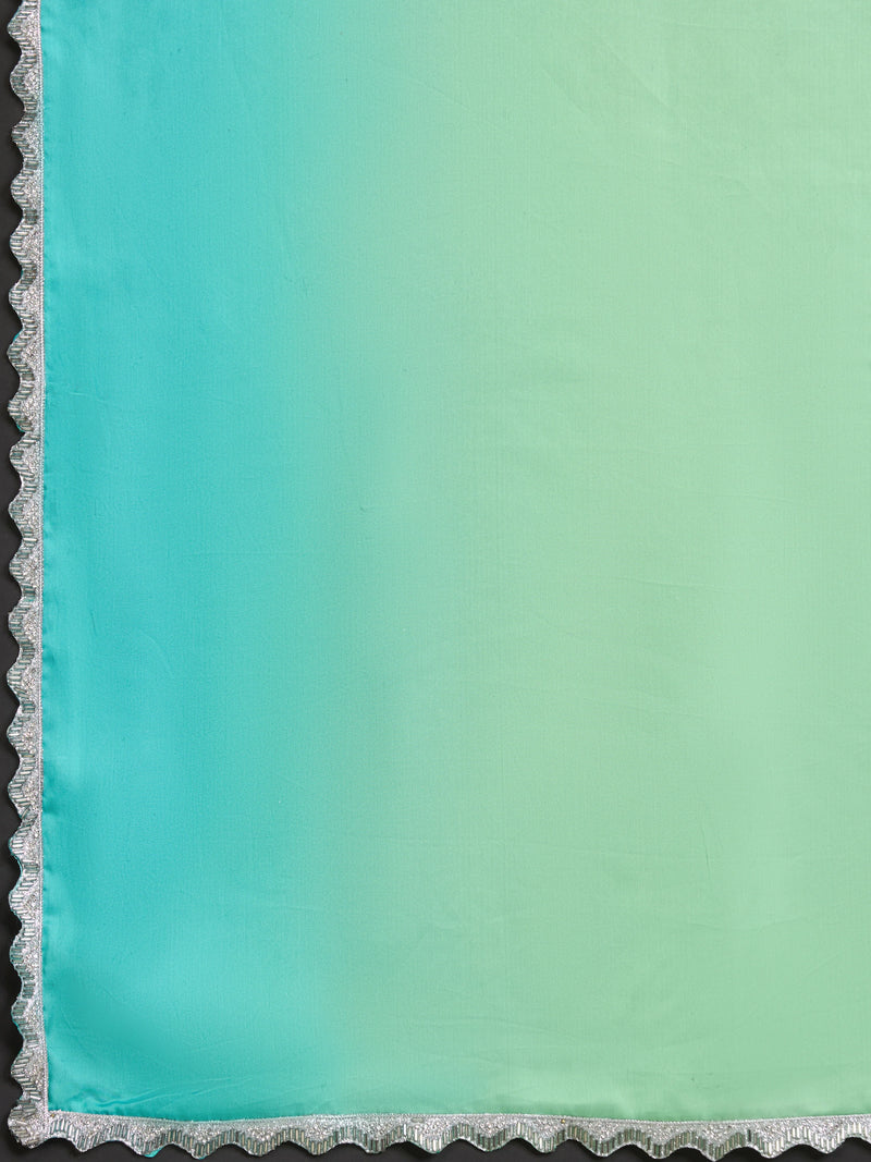 Cream to turquoise ombre georgette saree - full front standing pose
