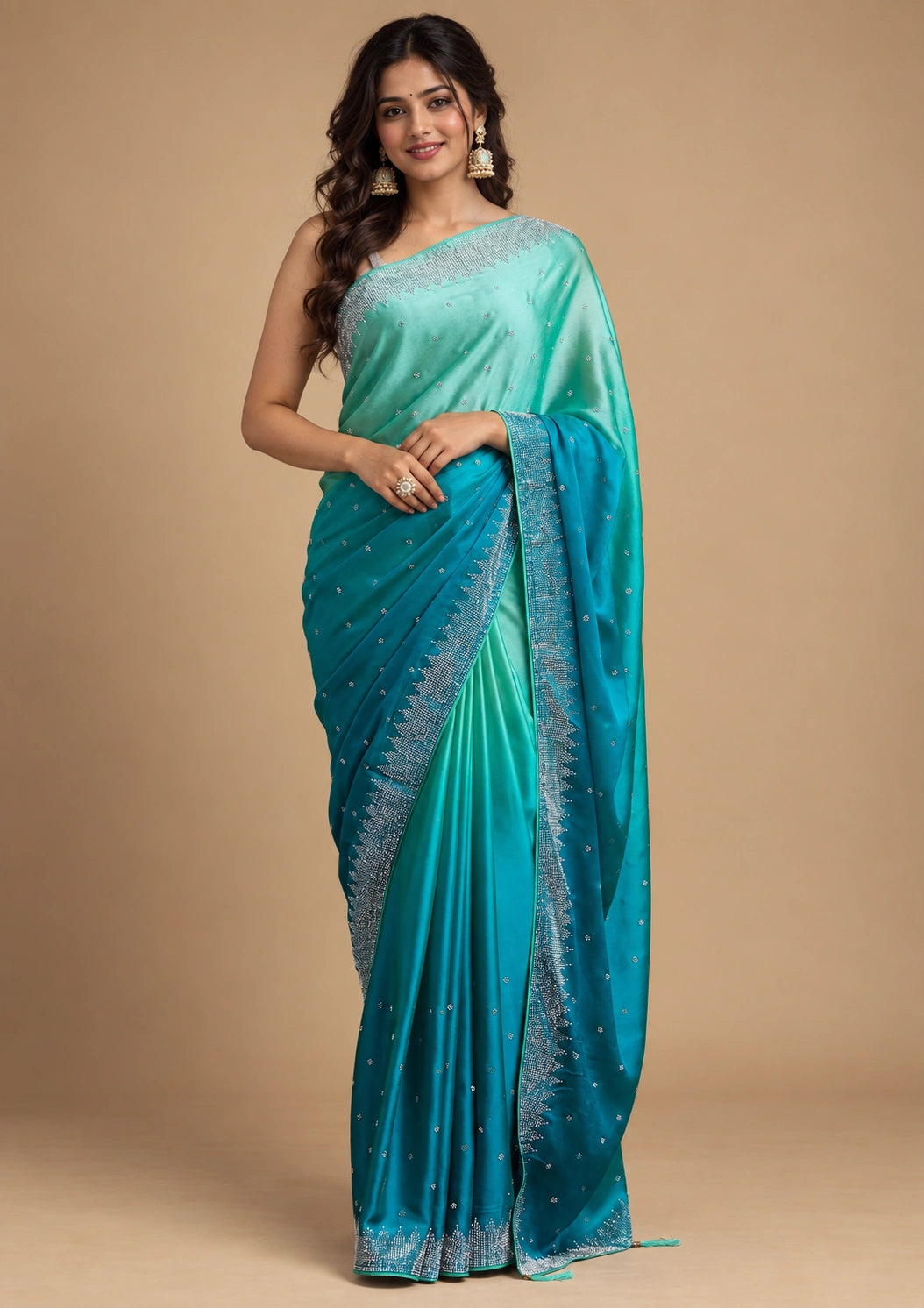 Teal ombre satin silk saree - front drape view with rhinestone border