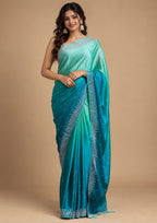 Teal ombre satin silk saree - front drape view with rhinestone border