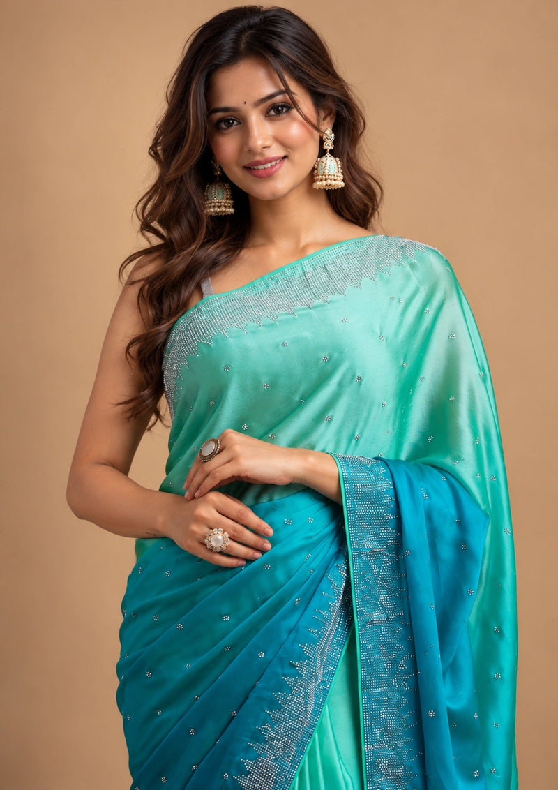 Teal ombre satin silk saree - second front pose with halter blouse
