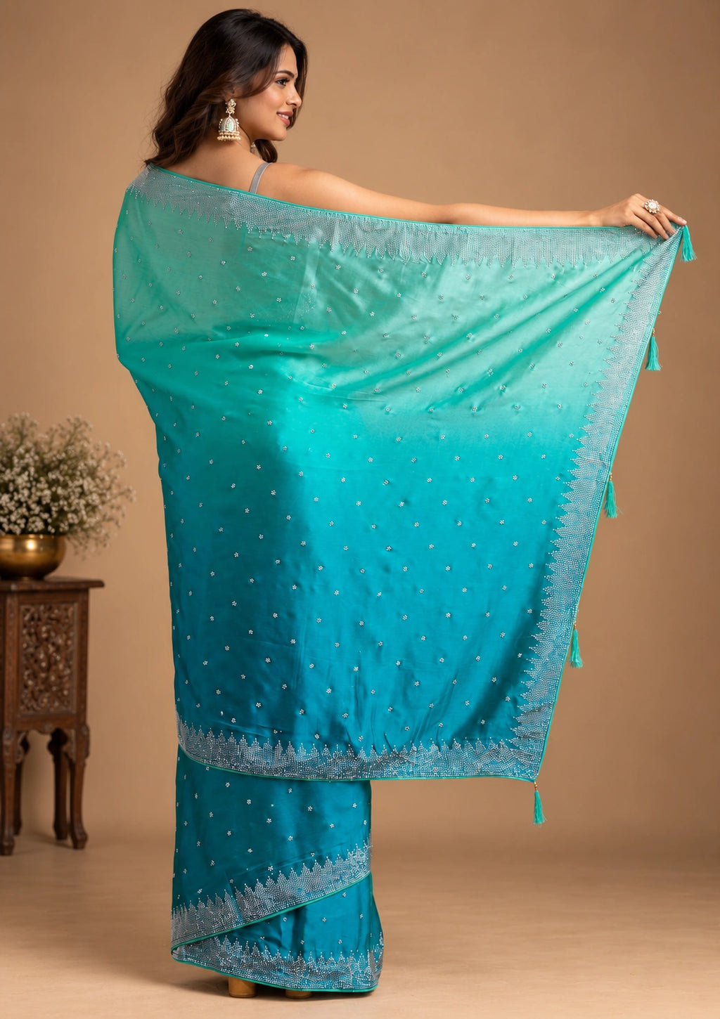 Teal ombre satin silk saree - close up portrait showing border detail