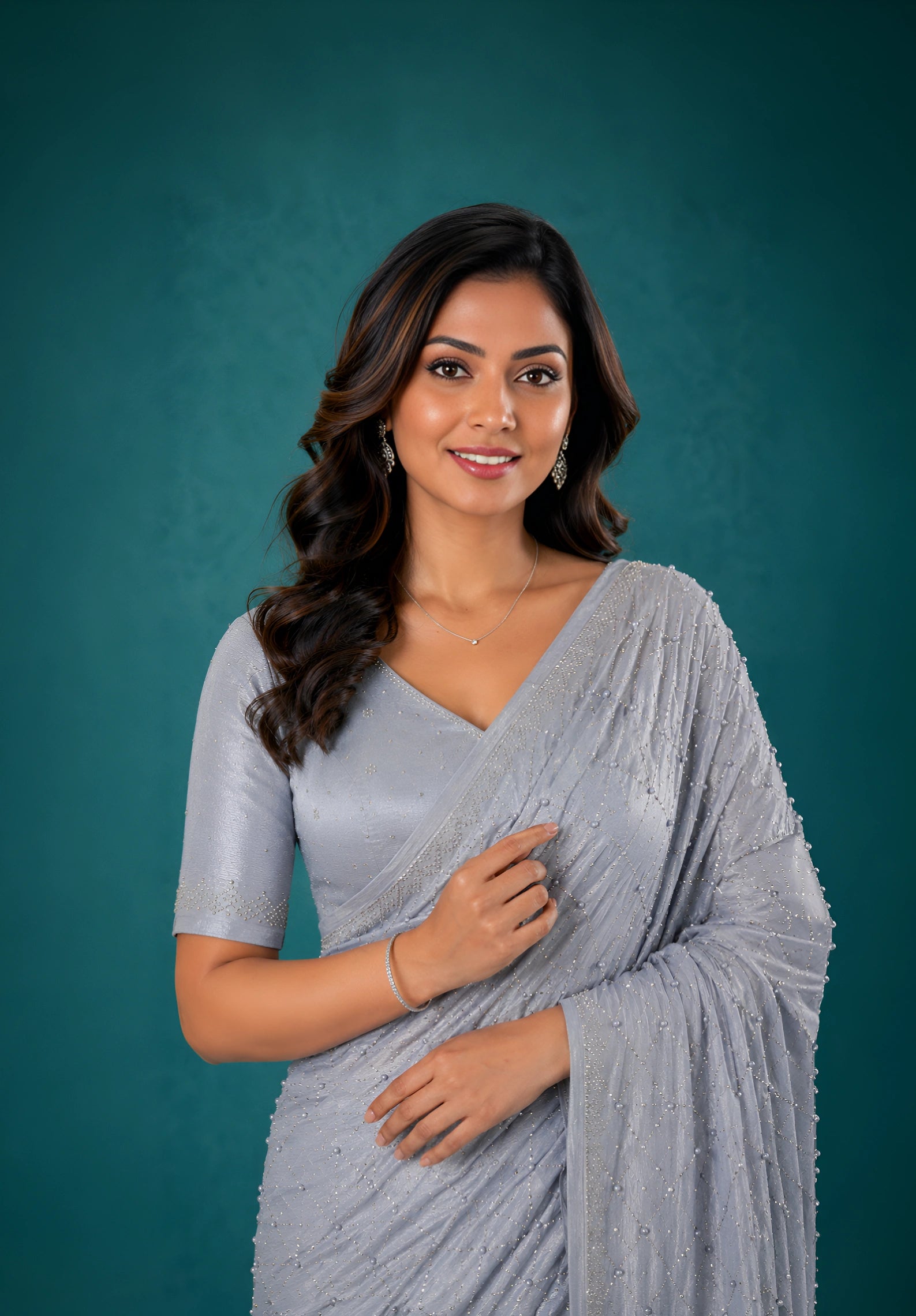 Grey Chiffon Party Wear Saree with Pearl Work