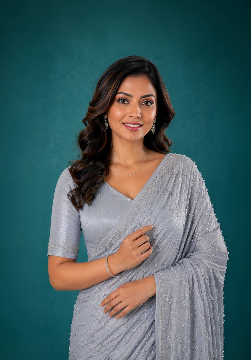 Grey Chiffon Party Wear Saree with Pearl Work