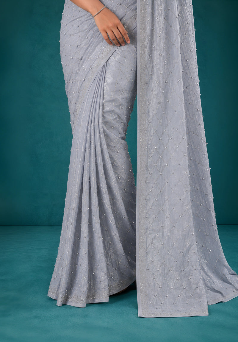 Grey Chiffon Party Wear Saree with Pearl Work