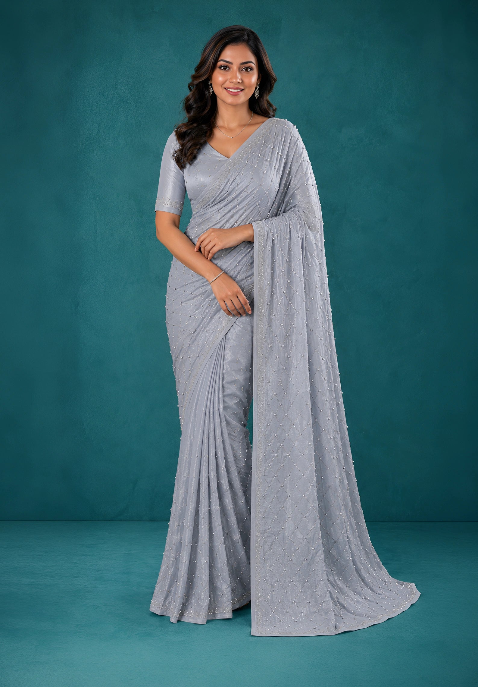 Grey Chiffon Party Wear Saree with Pearl Work