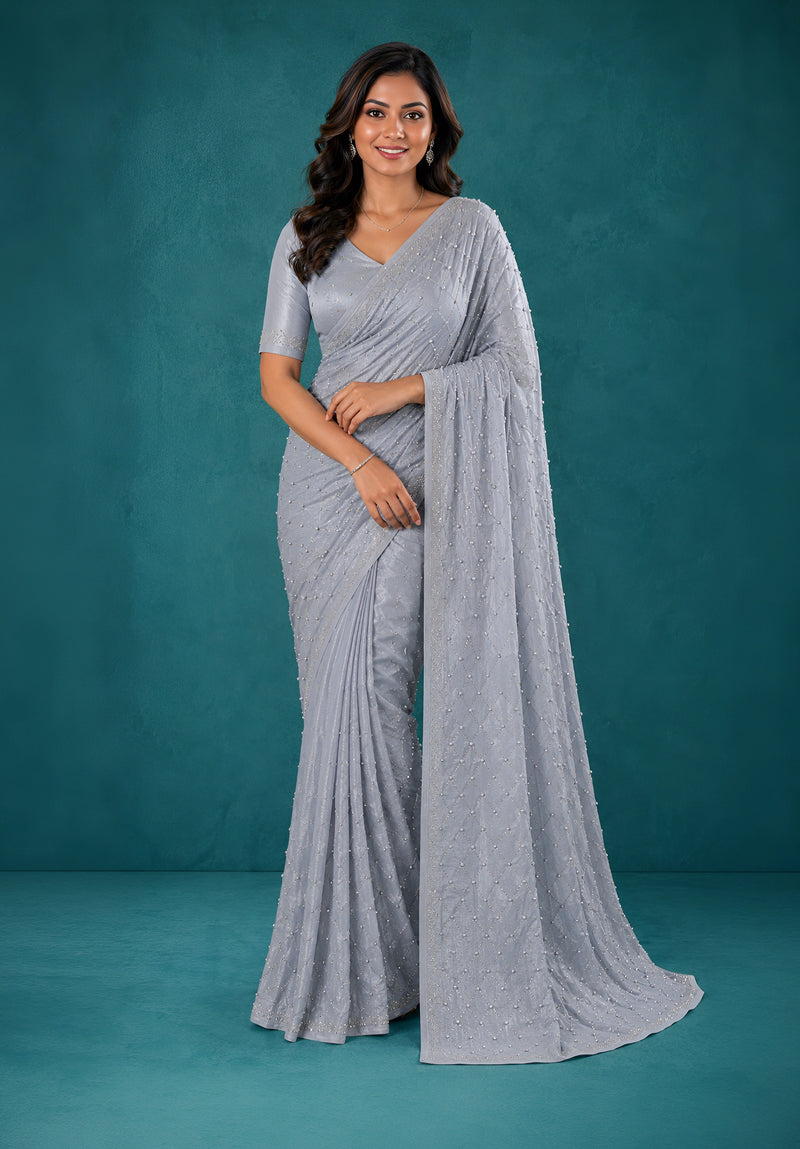 Grey Chiffon Party Wear Saree with Pearl Work