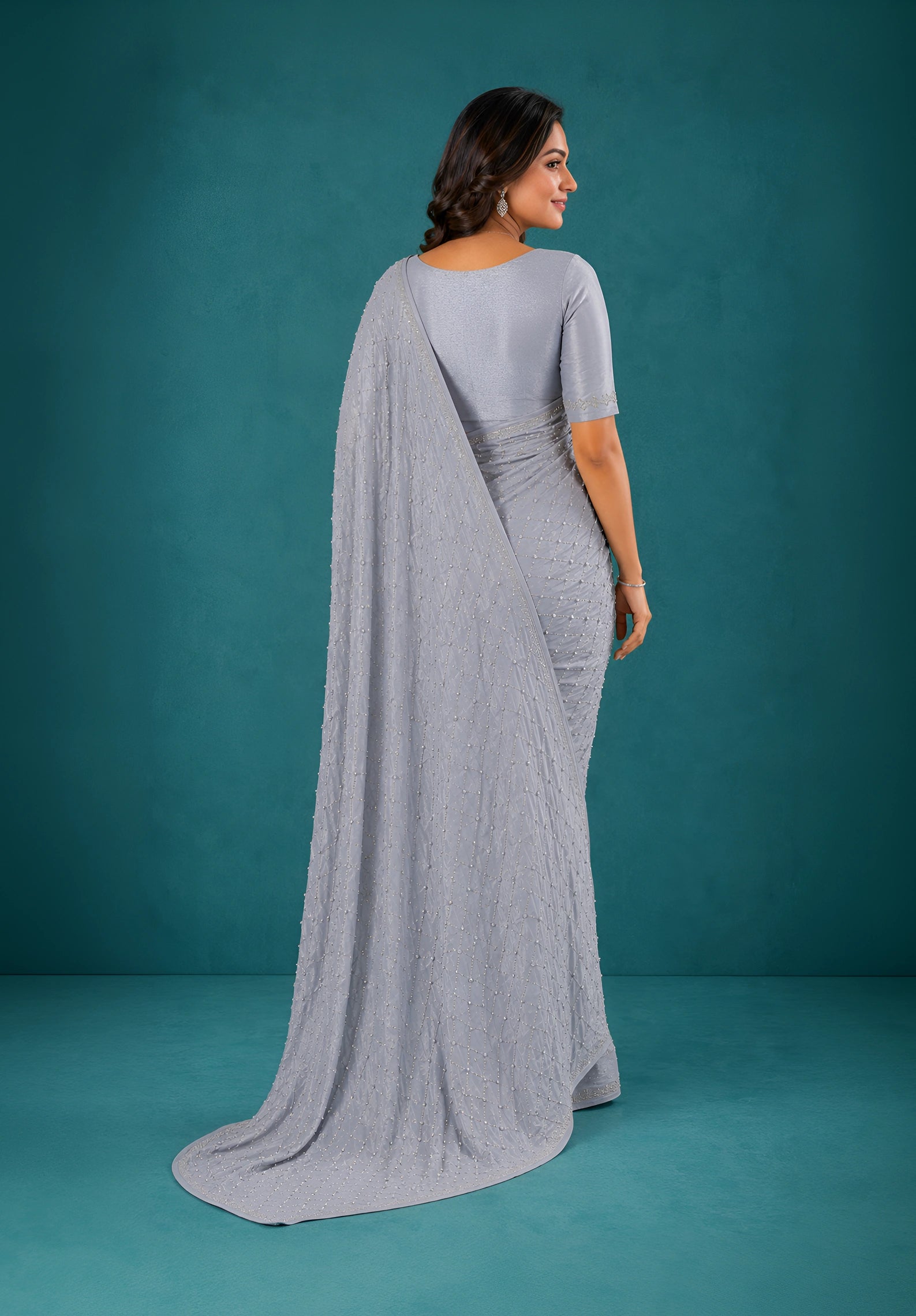 Grey Chiffon Party Wear Saree with Pearl Work