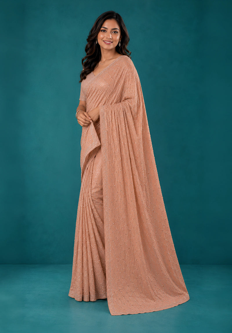 Peach Chiffon Party Wear Saree with Pearl Work