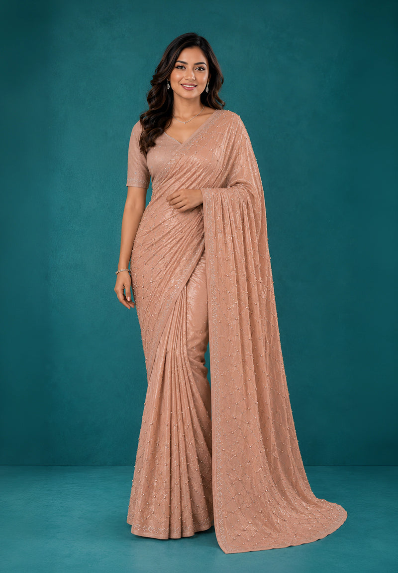 Peach Chiffon Party Wear Saree with Pearl Work