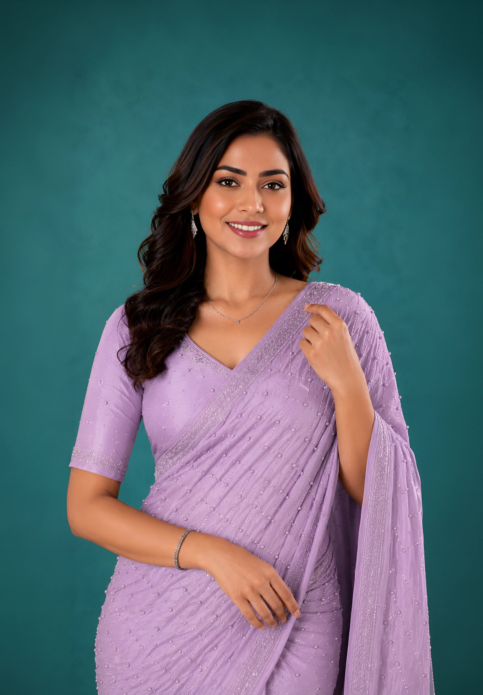 Lavender Chiffon Party Wear Saree with Pearl Work