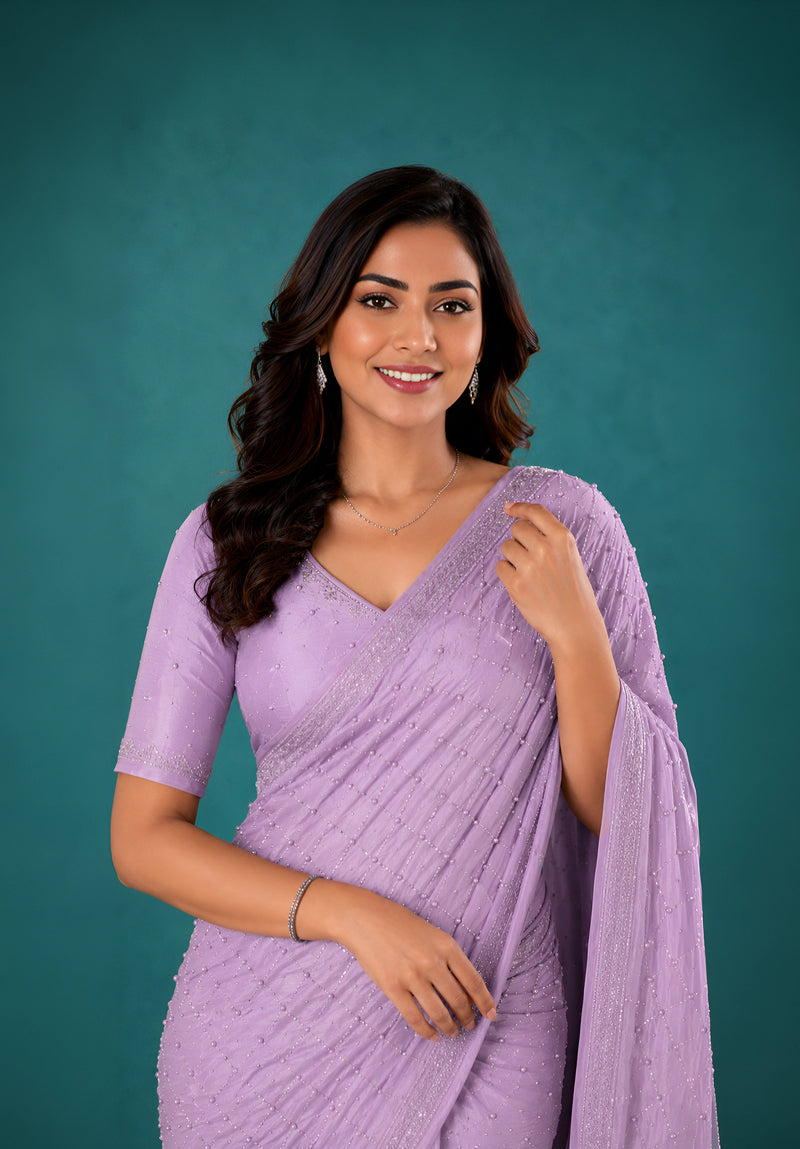 Lavender Chiffon Party Wear Saree with Pearl Work